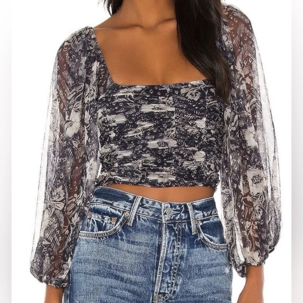 Free People Lilia navy floral runched mesh top, small